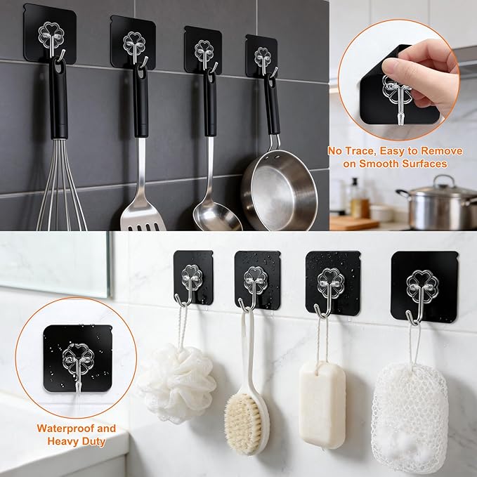 DDMY Heavy Duty Hooks Self Adhesive Hooks Newly Black Sticky for Hanging 100 Pack Waterproof Wall and Ceiling Hook with Reusable Adhesive for Shower, Kitchen, Hang Picture, Decorations,RV, No Damage