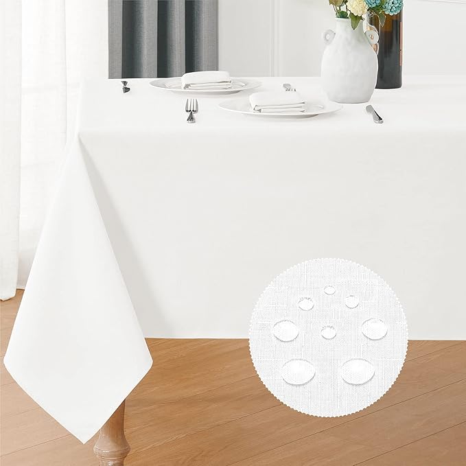 Rectangle 4 Feet Tablecloth 60x84 inch Linen Textured Table Cloth Stain and Wrinkle Resistant Washable Polyester, Decorative Table Cover Waterproof for Dining, Buffet and Camping, White