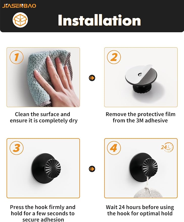 JIASENBAO 2 Pack Adhesive Coat Hooks for Bathrooms Black Wall Robe Towel Hooks for Hanging Kitchen Decorative Heavy Duty Zinc Alloy
