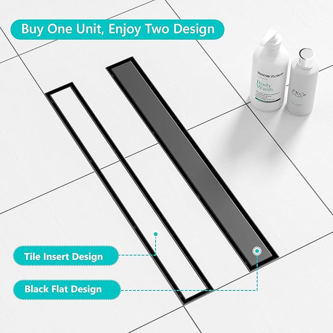 Neodrain 36 in Matte Black Linear Shower Drain with 2-in-1 Flat & Tile Insert Cover, 304 Stainless Steel Rectangle Shower Floor Drain, Bathroom Shower Drain