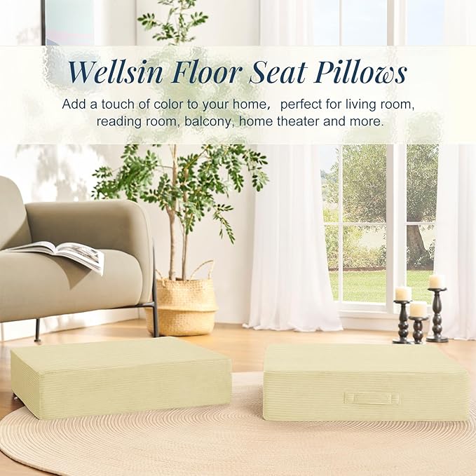 Wellsin Solid Square Floor Pillows for Adults Kids - Large Meditation Floor Pillow Seating Cushion with Thick Foam & Washable Velvet Cover, 1 Pack, 22x22x5 Inch, Beige
