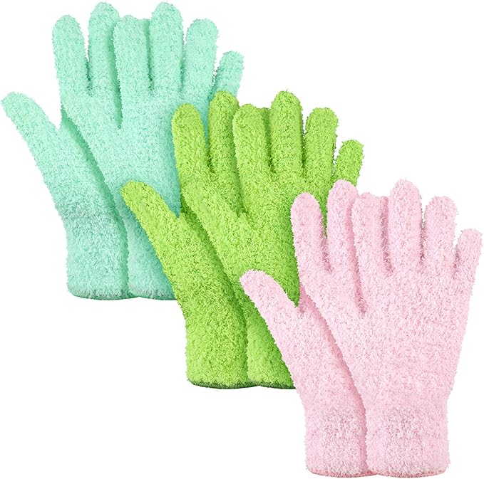 Patelai 3 Pairs Microfiber Plant Dusting Gloves Leaf Cleaning Gloves for Indoor Plants, Blinds, Furniture, House (Small, Green Yellow, Water Blue, Pink)