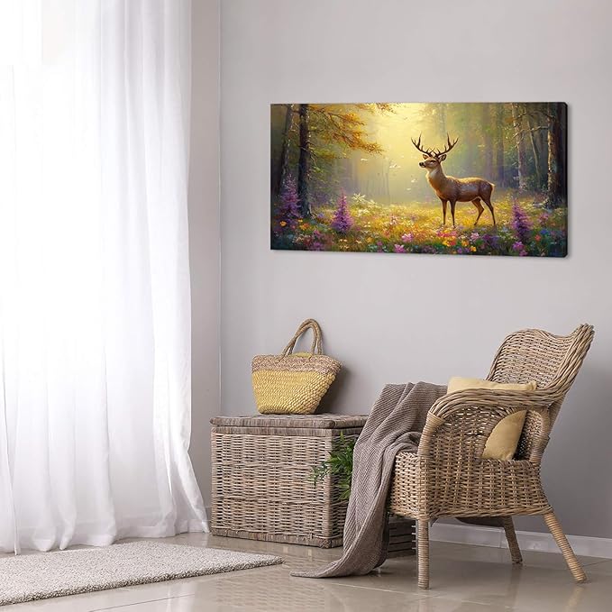 ZESTRILIA Pretty Deer Forest Wall Art for Living Room Office Gold Mustard Yellow Wildlife Wildflower Canvas Painting Prints Spring Wild Life Artwork Girls Bedroom Decor (30x16 Inches)