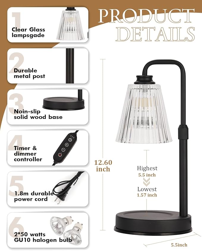 Candle Warmer Lamp with Timer Dimmable, Christmas Birthday Gifts for Women Mom, Adjustable Candle Warming Lamp with 2 Bulbs, Black Candle Lamp Warmer for Jar Scented Candles, House Warming Gifts