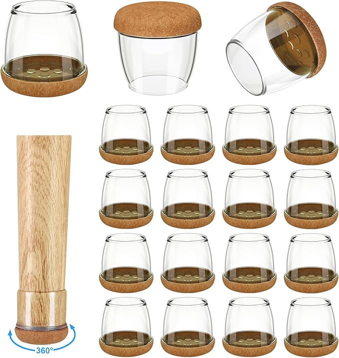 16 Pack Chair Leg Floor Protectors for Hardwood Floors, Round Rubber Furniture Sliders, 360°Felt Pad Bottom Wrapped Thickening Silicone Furniture Legs Caps Covers(Round,Clear-Brown-XL)