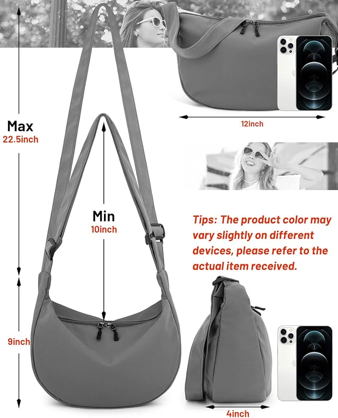 Crossbody Sling Bag for Women Men Trendy, Crescent Bag with Adjustable Strap, 2 Zippers Lightweight