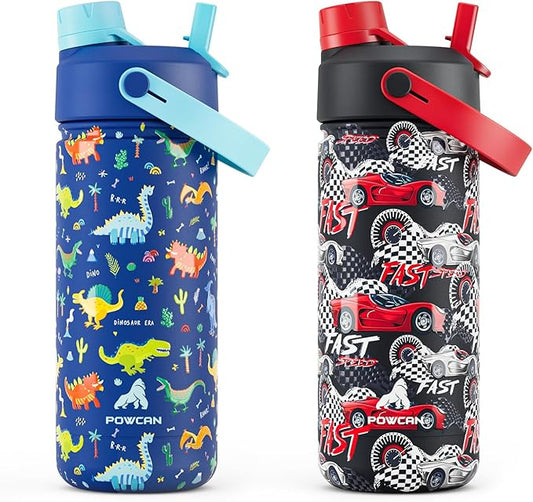 POWCAN 2 Pack 18 oz Kids Insulated Water Bottle for School: Leakproof, 2-in-1 Straw Spout Lid, BPA-Free, Keep Cold 24 Hrs, Stainless Steel Cup for Sports, Travel, Gift for Girls Boys Daughters Sons