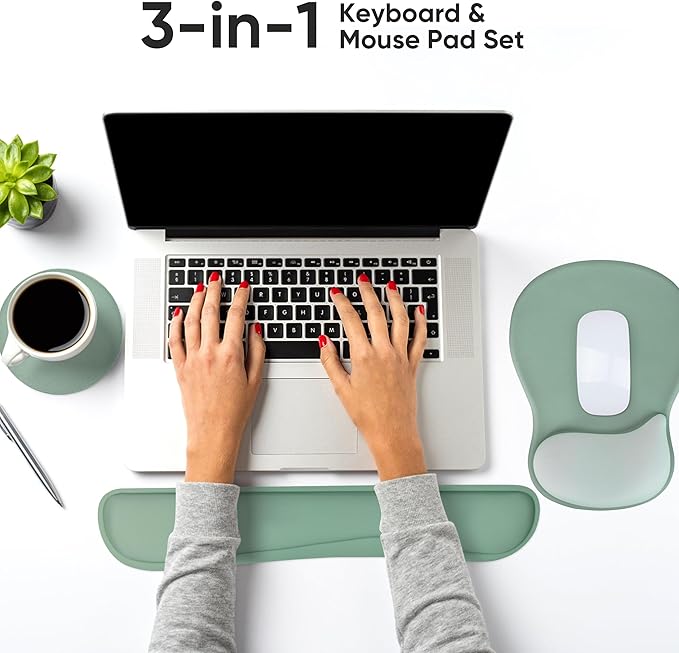 WINTOJO Wrist Rest Support for Mouse Pad Keyboard Set Circle Coaster Gaming Mouse Pad Ergonomic Gel Memory Foam Set for Computer, Laptop, Office, Pain Relief, Comfortably Typing Pure Green KM-34