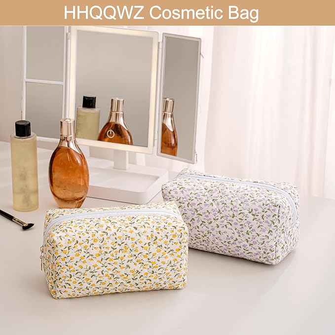 HHQQWZ Makeup Bag Travel Cosmetic Bag for Women Girls, Zipper Make Up Pouch, Floral Flowers Toiletry Organizer Makeup, Portable Storage Cosmetic Travel Cloth Bag (Yellow Floral)