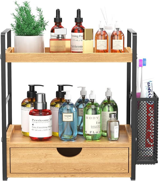 LEMIKKLE Bathroom Counter Organizer with Basket, Bathroom Organizers and Storage,Skincare Organizers for Vanity,Storage Organizers for Bathroom, Kitchen, Dresser (Light Brown with Drawer)