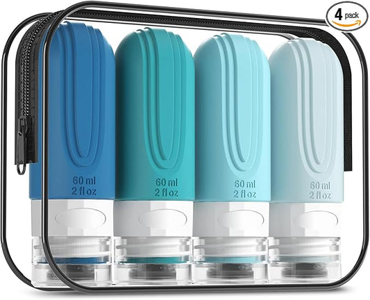 Mrsdry Travel Bottles for Toiletries, Tsa Approved 2oz Travel size Bottles, BPA Free Leak Proof Travels Toiletry Containers, Traveler Accessories with Toiletry Bag for Shampoo Liquid (4 Pack)
