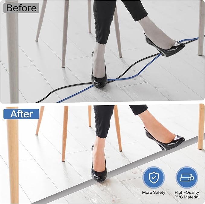 Floor Cord Cover Self Adhesive Cord Hider Floor Extension Cord Covers for Floor Power Cord Protector Cable Management Prevent Cable Trips Cable Cavity 0.32" W x 0.32" H (Grey, 20Ft)
