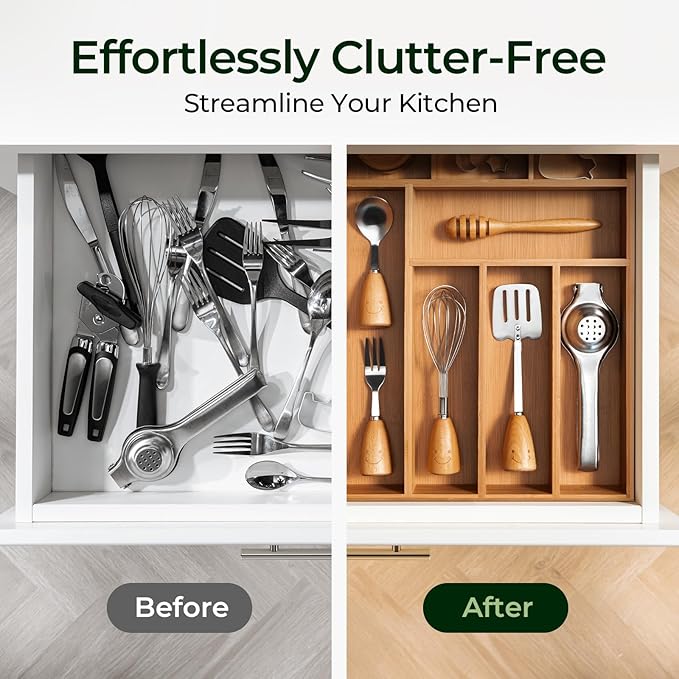 keechee Carbonized Bamboo Kitchen Drawer Organizer, 8 Slots Silverware Organizer, Utensil Holder & Cutlery Tray, 2.2" Deep for Extra Capacity, Non-Slip Feet Included