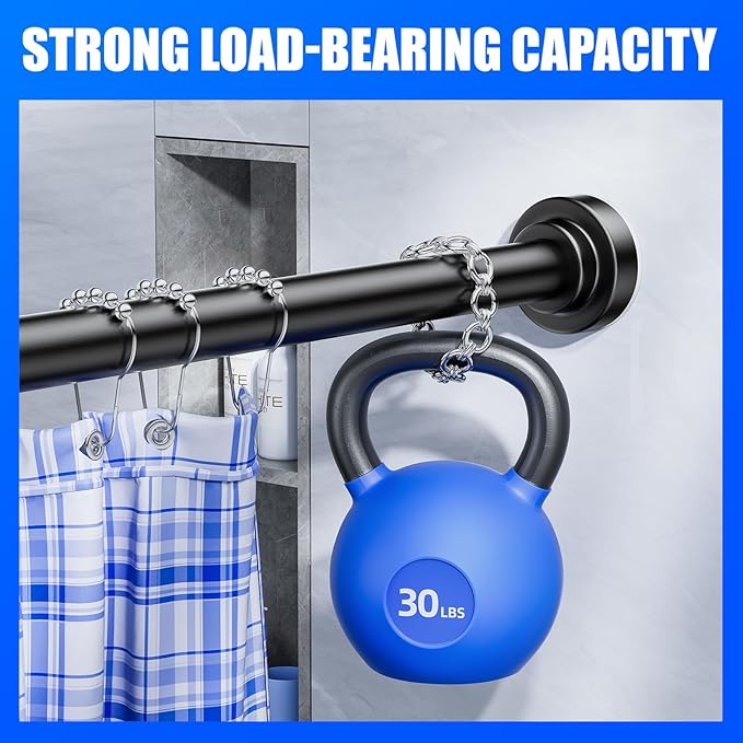 Ausemku Shower Curtain Rod - 32-104 Inch Rustproof Tension Rod, Non-Slip Spring Design, No Drilling Adjustable Curtain Rod for Bathroom, Kitchen, and Closet (Black)