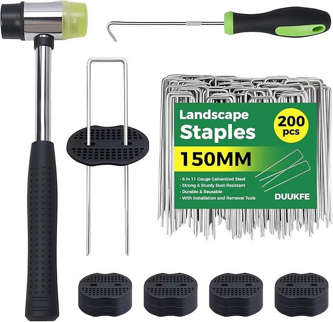 200Pcs Garden Staples +200Pcs Gasket +Pick Hook +Rubber Mallet, 6 Inch Landscape Fabric Stakes Galvanized Weed Barrier Stakes 11 Gauge Landscape Pins U Shape Lawn Staples for Yard, Turf, Sod, Weed Mat