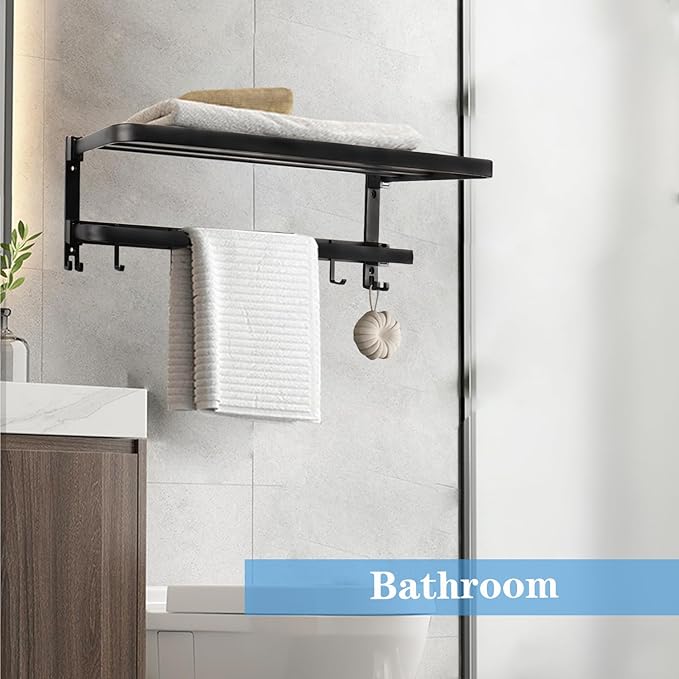 Towel Racks for Bathroom, Foldable Towel Shelf with Towel Bar & 7 Towel Hooks, Rustproof Double Bath Towel Holder Wall Mounted Towel Storage Hanger for Bathroom/Balcony/Lavatory(24In Black)