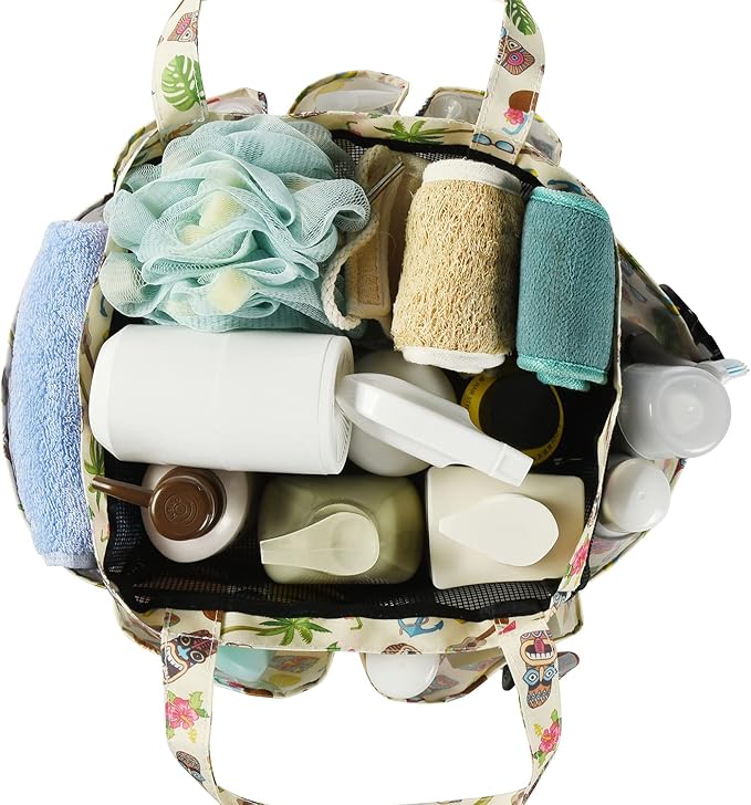 Haundry Portable Mesh Shower Caddy Bag, Large Basket Organizer with Key Hook for College Dorm Bathroom Camp Gym, Hanging Tote Bag with 8 Pockets (Luau Style)