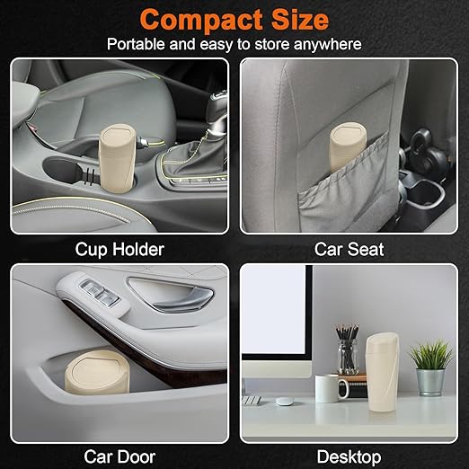 Kincown Car Trash Can, Mini Car Trash Bin with Lid, Leakproof Cup Holder Car Garbage Can with 20 Trash Bags, Vehicle Front Back Seat Organizers and Storage for Car, Home, Office, Beige