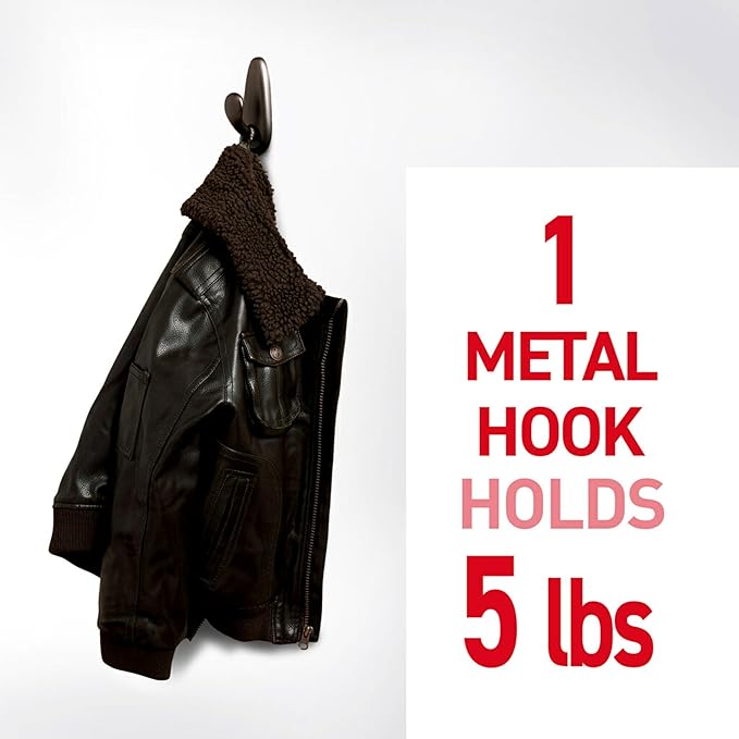 Command 5 lb Large Brushed Nickel Metal Hooks, 2 Coat Hooks and 4 Strips, Damage-Free Hanging with Adhesive, Great for Hanging Home and Room Decor