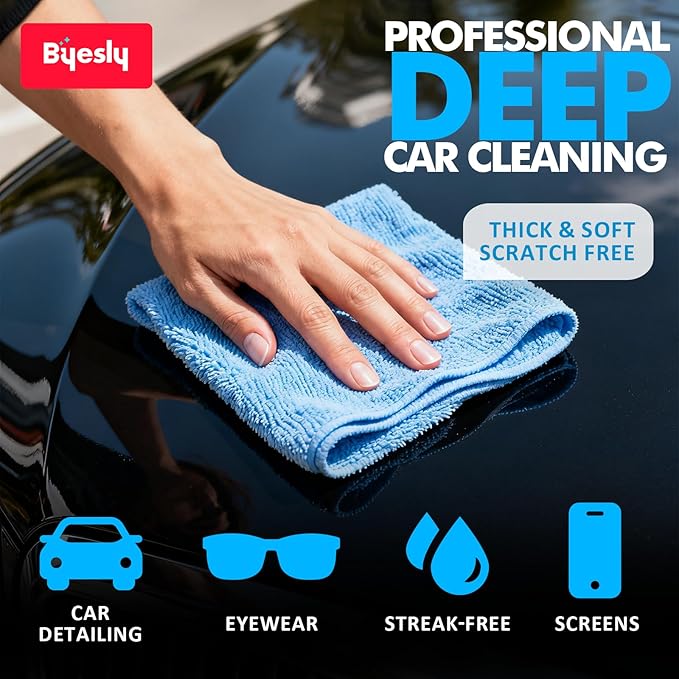 Byesly 12-Pack Microfiber Cleaning Cloth, 11.5x11.5 Microfiber Towels for Cars, Dishes & House, for Detailers, Chefs & Efficient Home | Scratch-Free, Lint-Free, Ultra Absorbent(Yellow/White/Blue)