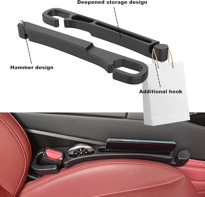 Universal Car Seat Gap Filler 2 pack with Organizer Hook & Emergency Glass Breaker Prevent Small Items & Tools from Falling Ultimate Seat Side Gap Stopper for All Vehicles, Trucks & SUVs