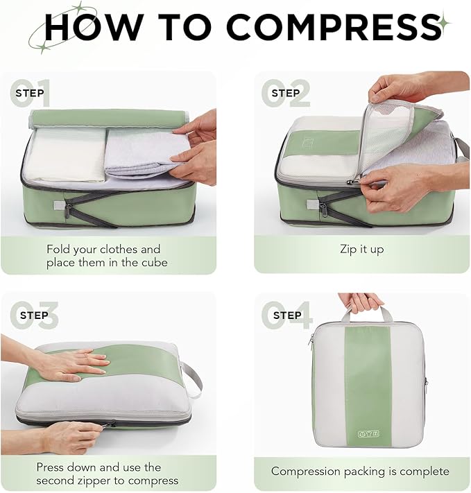10-Piece Compression Packing Cube Set for Travel Essentials, Compressible and Expandable Packing Cubes for Suitcases, OlarHike Luggage Organizer Bags for Travel, Handy Helper for Organizing Clothes (Matcha Green)