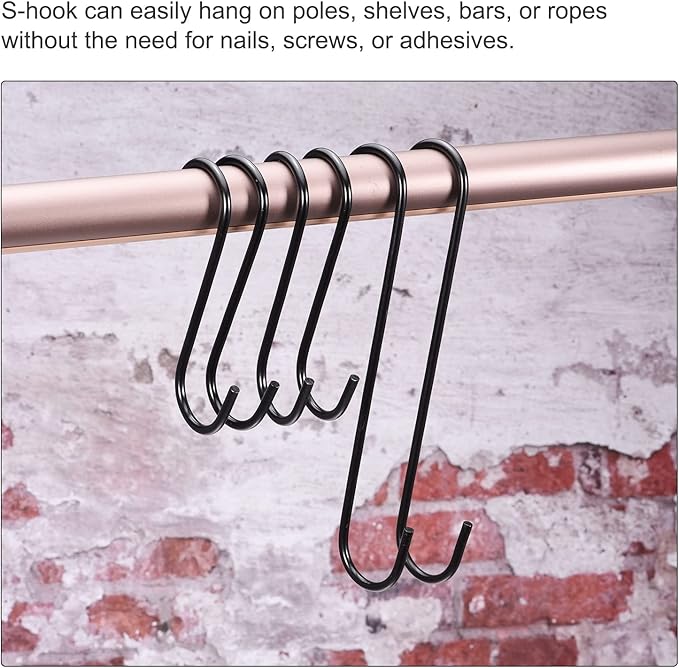 uxcell S Hanging Hooks, 8inch/200mm Extra Long Steel Hanger, Indoor Outdoor Uses for Garden, Bathroom, Closet, Workshop, Kitchen, Black, 6Pcs