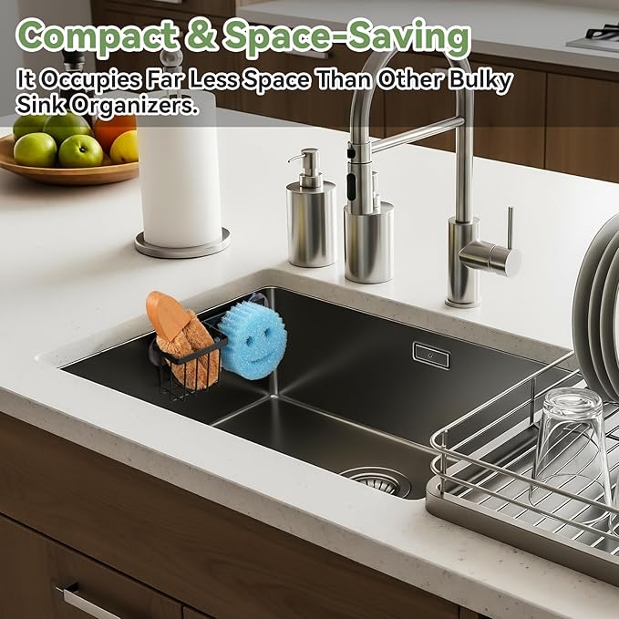 [Slim & Space-saving] Sponge Holder for Kitchen Sink, Sponge Caddy for Scrub Daddy / Scrub Mommy Smiley Face, Sink Organizer Accessories for Dish Brush, Scrubber -with 2 Suction Cups & 1 Adhesive Hook