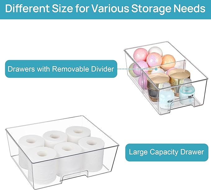 Vtopmart Clear Stackable Storage Drawers Set of 6, Easily Assemble Acrylic Bathroom Undersink Organizers, Plastic Storage Bins for Closet, Cabinet, Pantry, Medicine Organization