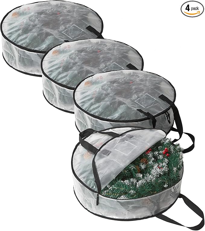 PWRSC 4 Pack Wreath Storage Bag, Summer, Christmas Decoration Garland Container, 24 Inch Clear Door Wreath Organizers, Moving Boxes, Packing Supplies for College