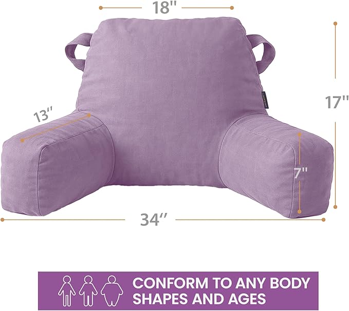 Portable Comfy Reading Pillows for Bed Sitting Up(Lavender Purple Oeko-Tex), Velvet Back Pillow with Arms & Pockets for Adults, Support Memory Foam Bed Pillow for Dorm/Reading/Watching/Gaming