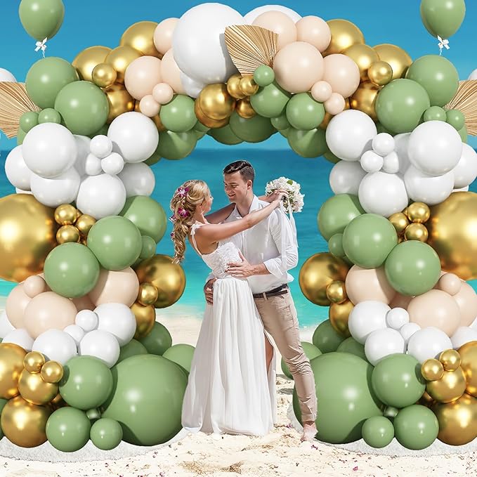 Sage Green Balloon Arch Kit 97Pcs Avocado Green Gold Balloons Garland Kit with Double Stuffed Balloons Neutral Nude Beige Cream White Birthday Party Balloons for Bridal Baby Shower Wedding Decorations