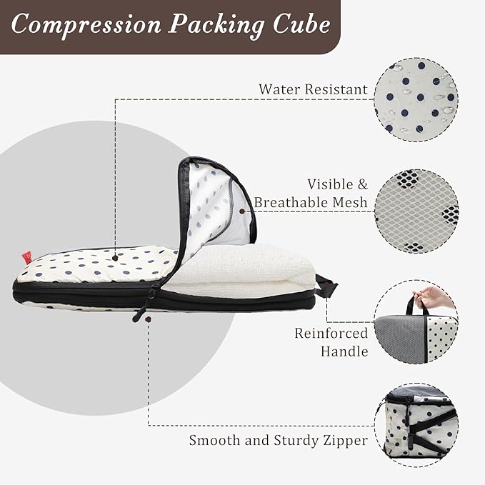 U+U 10 Set Compression Packing Cubes - Ultralight Travel Organizers with Laundry Bag and Cosmetic Bag, Space-Saving Suitcase Organizer for Travel, Business Trip and Family Vacation (Polka Dot)
