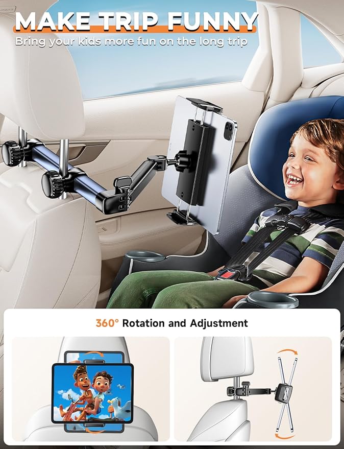 Headrest Tablet Holder for Car Accessories : [18.11-inch Long Arm] 3-in-1 Backseat Tablet Holder for Kids Road Trip Compatible with iPad Switch Smartphones & Tablets or Other 4.7-13" Devices