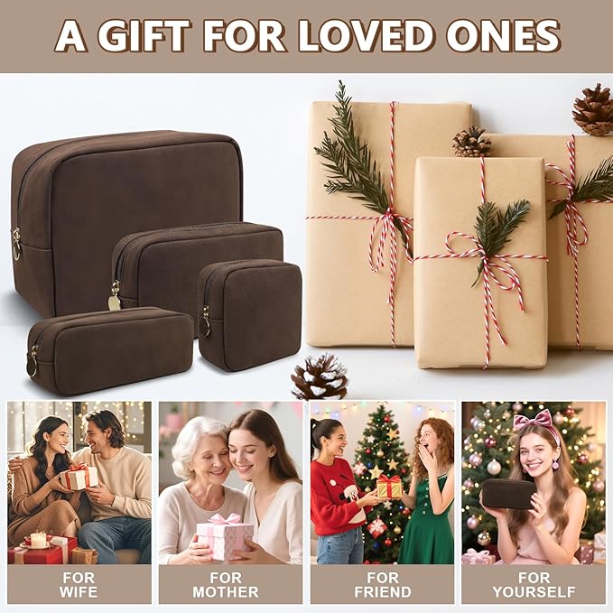 Waterproof Small Makeup Bag for Purse, Cute Pouch Preppy Suede Makeup Brush Holder with Zipper, Girls Teens Portable Storage Case Small Travel Toiletry Bag for Office (Slim-Coffee)