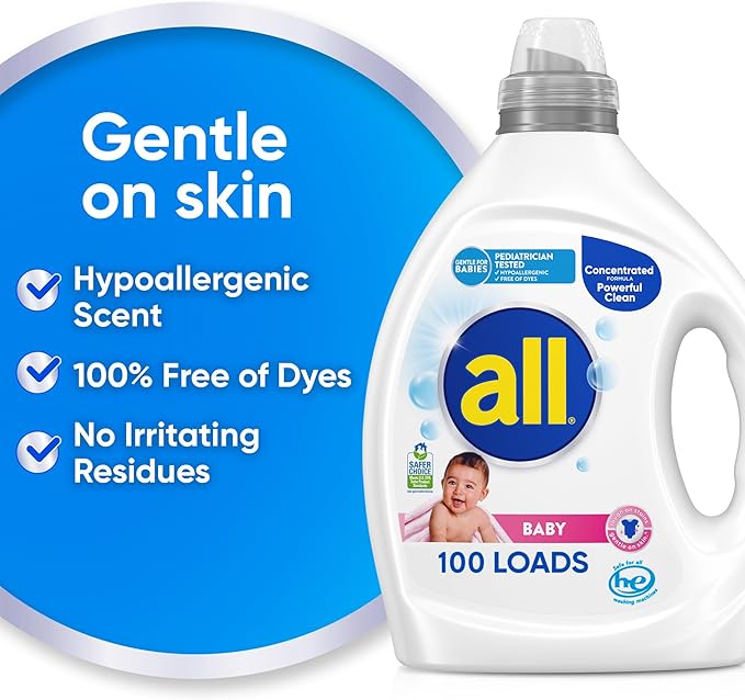 all Baby,Gentle for Baby,Liquid Laundry Detergent,Hypoallergenic for Sensitive Skin,Concentrated,75oz,100 Loads,(Pack of 2)