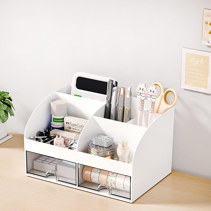 Desk Organizer with 6 Compartments and 2 Drawers, Plastic Makeup Organizer, Pen Holder for Desktop Storage, Desk Organization for School, Home, Office Supplies (White-2Pack)