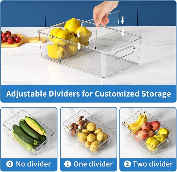Pantry Organizers and Storage, 8 Pack Snack Organizer for Pantry Shelf, Food Storage Bins with Dividers, Clear Containers for Organizing, Transparent Plastic Basket, Refrigerator and Fridge Bins