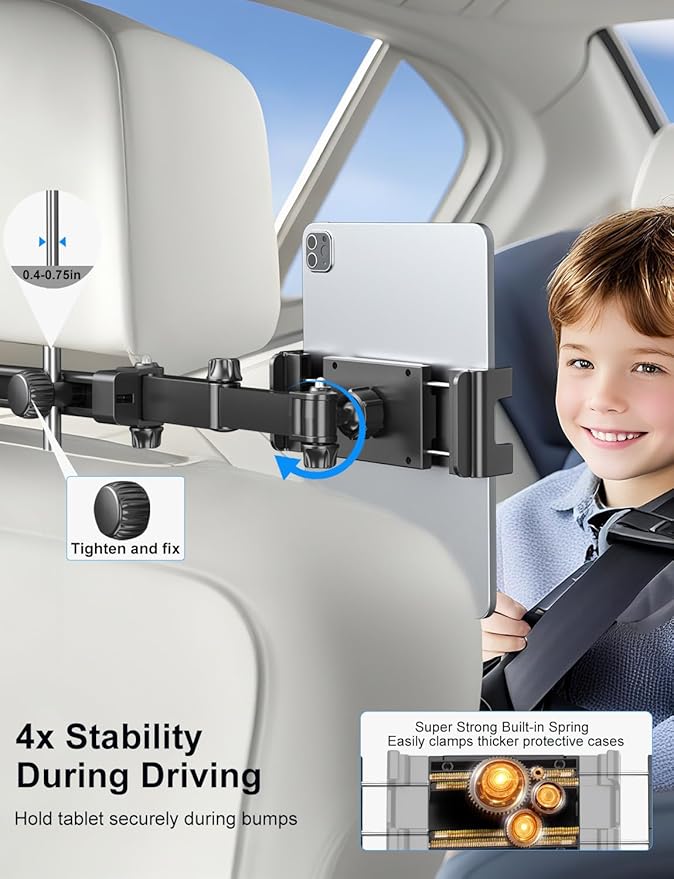 PLDHPRO Tablet Holder for Car Headrest Mount iPad Backseat Foldable Back Seat Stand Compatible 5.1-15.6'' Phones Tablets, Road Travel Essentials for Kids Accessories