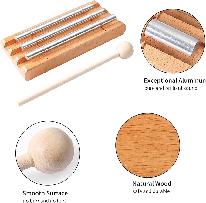 Energy Chimes Percussion Hand Bells: Trio 3 Tone Chime Music Instrument with Mallet for Yoga Meditation Sound Healing Teachers' Classroom Tools