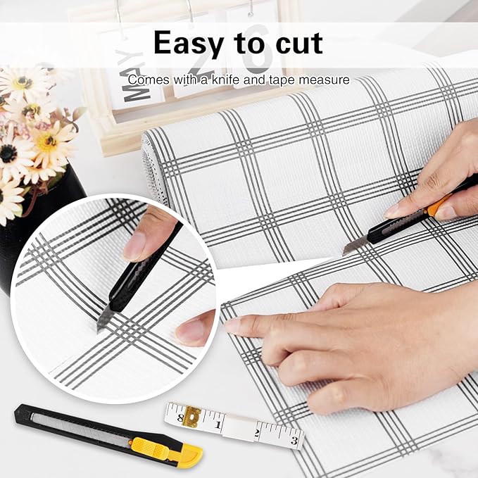 Drawer and Shelf Liner for Kitchen Cabinet,Non-Adhesive Cabinet Liner 12in x 10FT,Waterproof Shelf Paper Non-Slip Mats Cupboard Liners Contact Protect Dresser/Shelves/Table-White Stripes