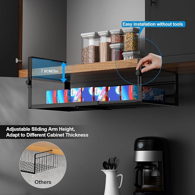 AmonHouseware 2-Pack Under-Shelf Baskets, Adjustable Hanging Under Cabinet Shelf Storage, Length Stretchable 14.9-22.6 Inches for Kitchen Pantry Desk Counter Bookshelf Cupboard (Black)