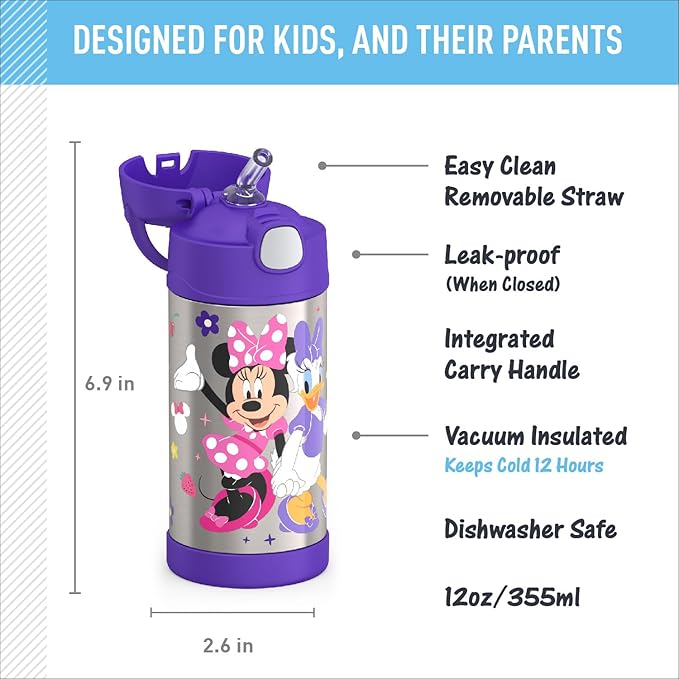 THERMOS FUNTAINER 12 Ounce Stainless Steel Vacuum Insulated Water Bottle with Lid, MINNIE MOUSE