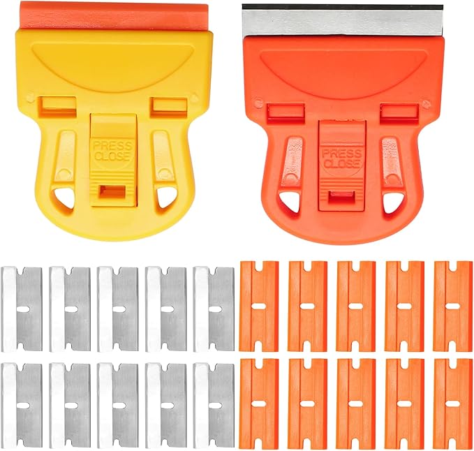 2 Sets Razor Blade Scrapers, Plastic Scraper Tool Extra 10 Plastic Razor Blades and 10 Metal Blades, Adhesive Remover Scraper for Glass Windows Sticker Removal