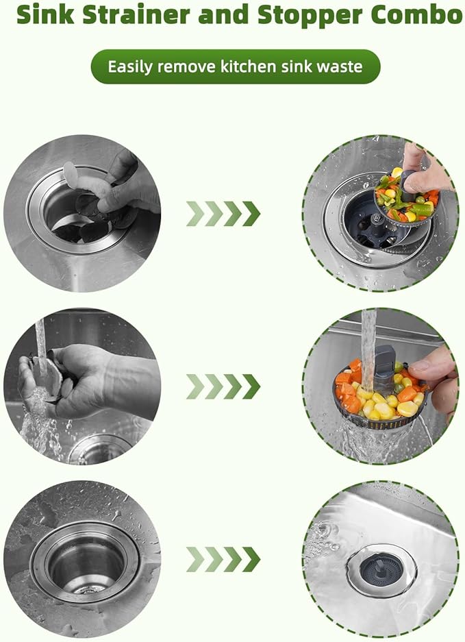 Universal 3-in-1 Kitchen Sink Strainer Stopper Pop Up Sink Drainer with Upgrade Folded Handle, for US Standard 3-1/2 inch Drain Filter, Chrome Stainless-wrapped Shell, Anti-clog