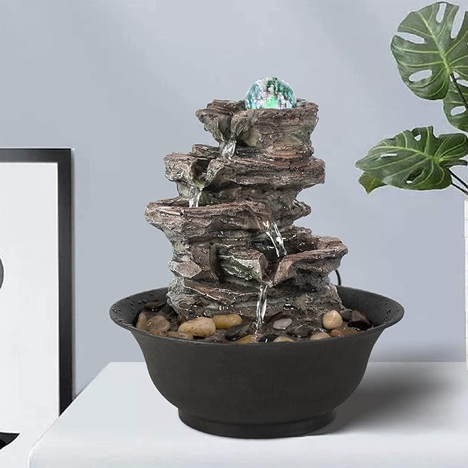 Ferrisland Tabletop Rock - Stacked Waterfall Fountain with LED - Lit Crystal Ball, Ideal for Office & Home Decor(Brown Gray)