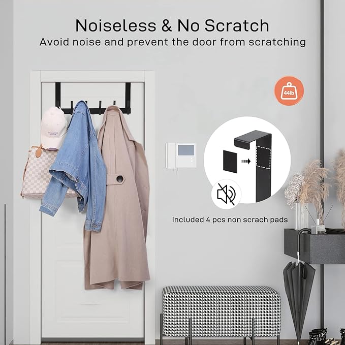 Over The Door Hooks, Door Hanger Hooks for Hanging, Over The Doors Towel Racks for Bathroom with 12 Coat Hook, Coat Rack Dorm Essentials Bathroom Accessories（1 Pack, Black）