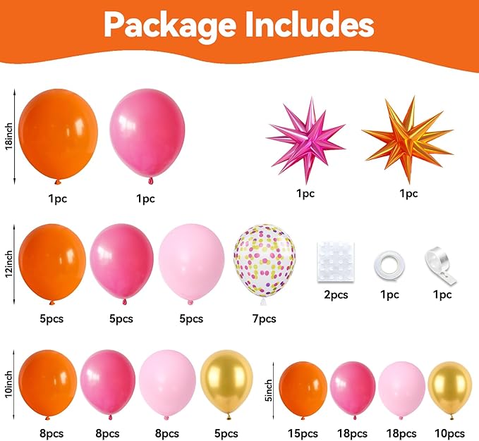 Pink Orange Balloon Garland Arch Kit,120Pcs 18/12/10/5 Inch Hot Pink Orange Metallic Gold Latex Balloons with Star Foil for Birthday Summer Tropical Wedding Party Decorations