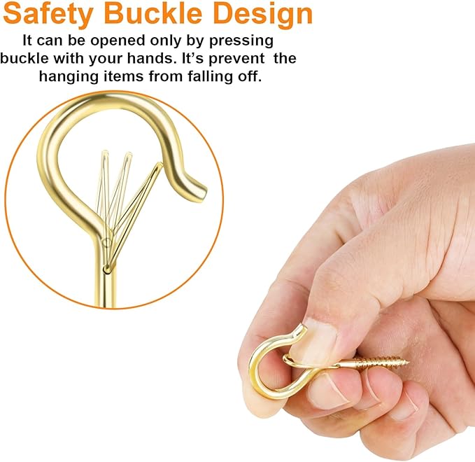 100 Pack Screw-in Hooks for Outdoor String Lights, Q Hanger Hooks for Outside, Swivel Hanging Basket Patio Hook with Safe Buckle, Plant Eye Hook for Wall Ceiling with 1 Wing Nut Driver, Gold