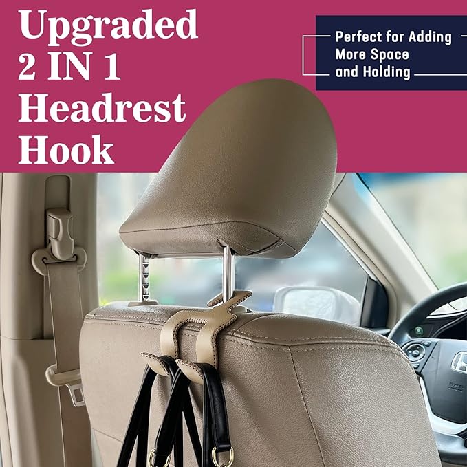 Upgraded Headrest Hooks for Purses and Bags, 2 in 1 Car Back Seat Head Rest Hanger Matching Cars Interior Genuine Leather Vehicle Storage Holder Hook, 1 Pack, Brown